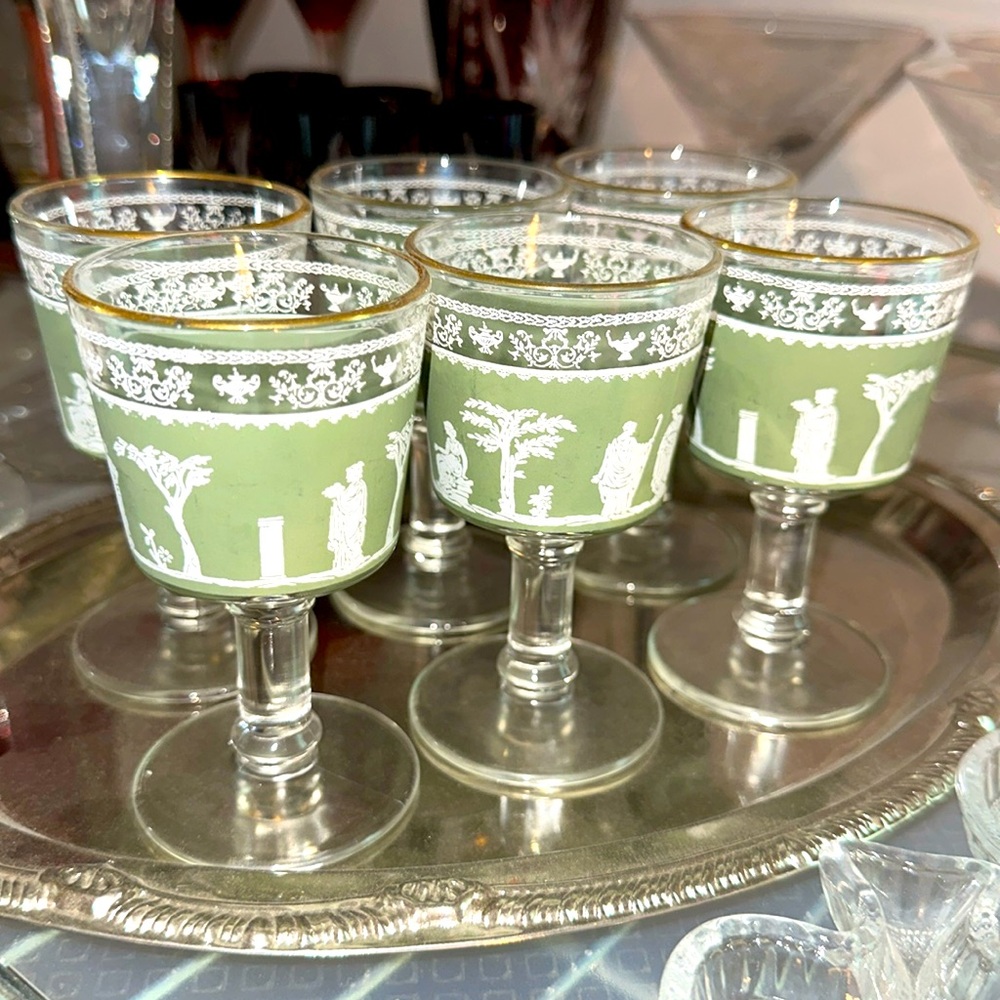 Vtg Jeanette Wedgwood Hellenic Green Jasperware Goblets Set of 6